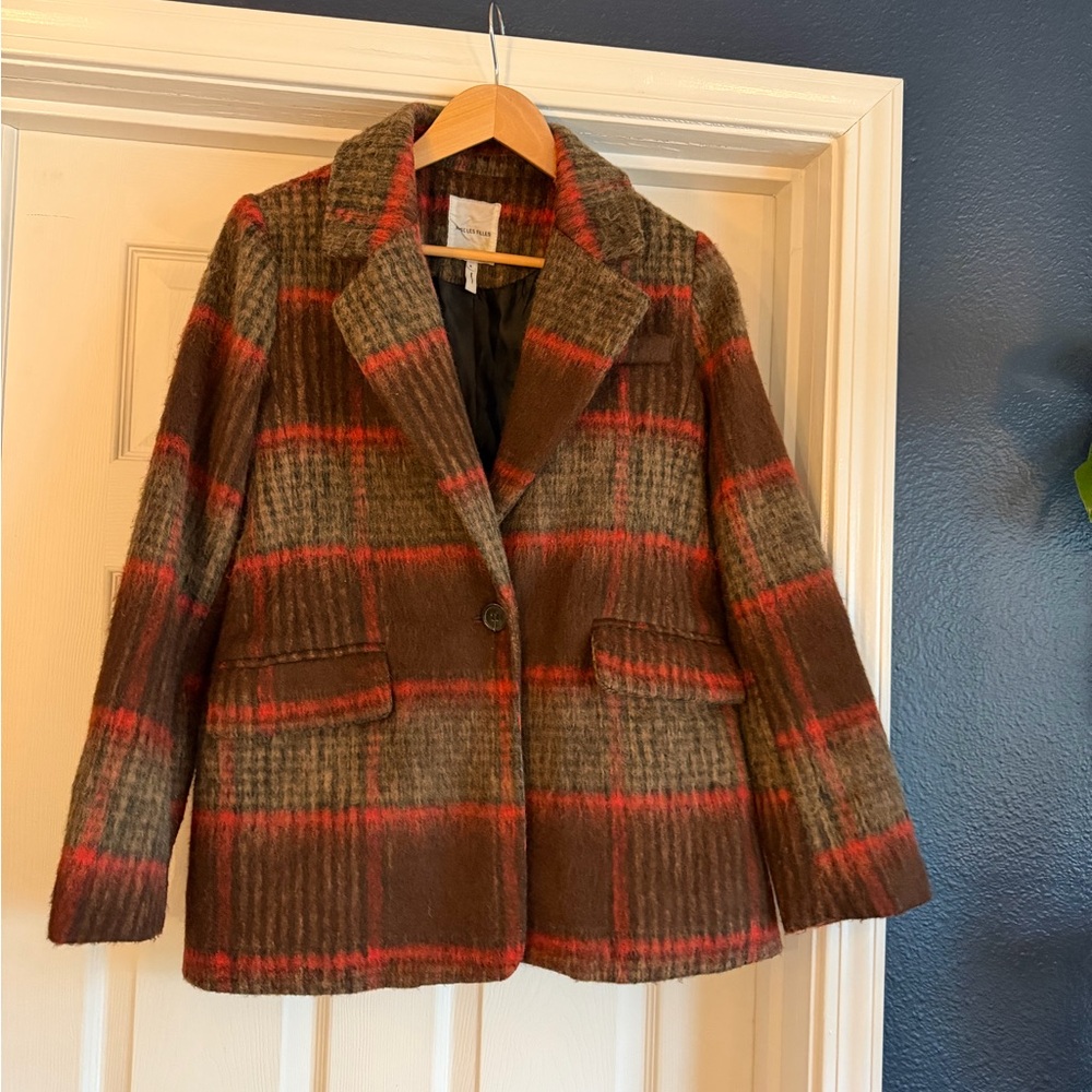 Avec Les Filles Brown and Red Plaid Blazer